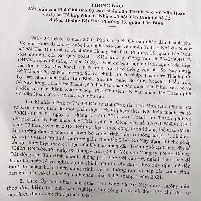 UBND TP.HCM ra văn bản khẩn yêu cầu chủ đầu tư cùng sở, ngành xử lý những sai phạm và tồn đọng tại dự án nhà ở xã hội Tân Bình