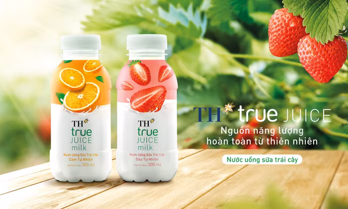 Bao bì trẻ trung, bắt mắt của sản phẩm Nước uống sữa trái cây TH true JUICE milk.
