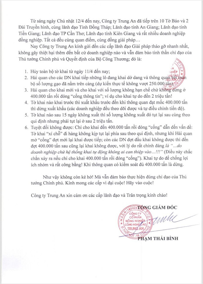 Cty Trung An kiến nghị khẩn cấp lần 2 đề nghị huỷ tờ khai 400 nghìn tấn gạo và cho mở tờ khai tự do chống lợi ích nhóm.