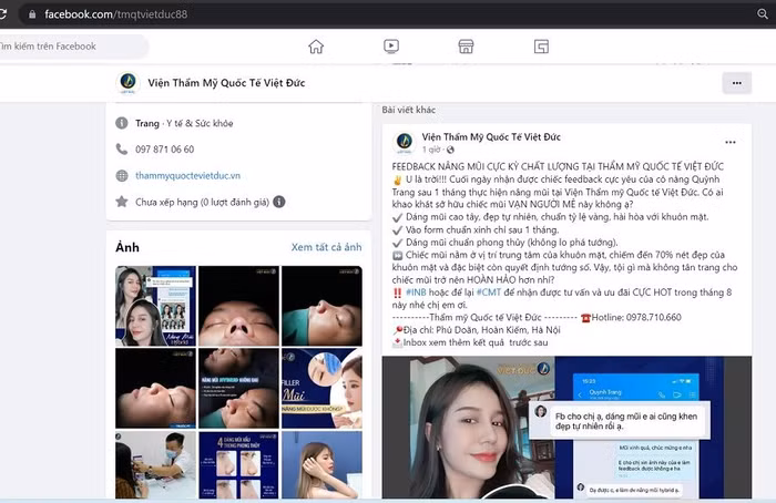 Mặc dù bị thu hồi giấy phép hoạt động ngày 23/8/2022, nhưng ngày 24/8/2022, trên Fanpage của Viện thẩm mỹ Quốc tế Việt Đức vẫn quảng cáo dịch vụ thẩm mỹ