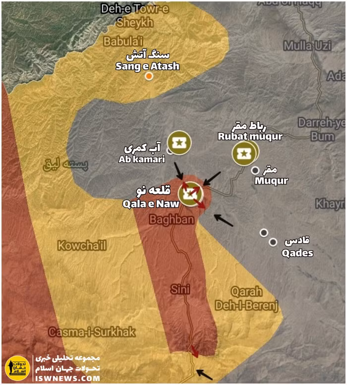 Bản đồ chiến sự quận Badghis-Qala-e-naw. Màu xám - Taliban; Màu đỏ - quân đội Afghanistan; Màu vàng - đang tranh chấp.