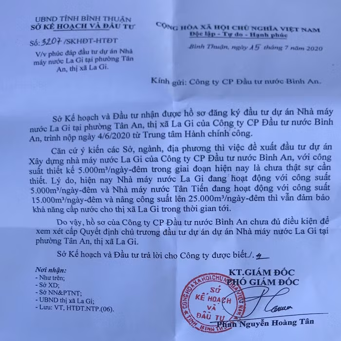 Tỉnh Bình Thuận không chấp thuận chủ trương đầu tư nhà máy nước La Gi