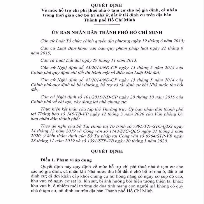 TP.HCM hỗ trợ chi phí thuê nhà ở tạm cư trong thời gian chờ tái định cư