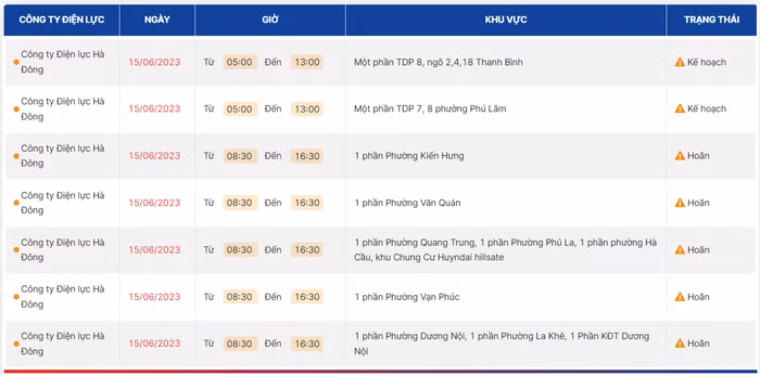 lịch cắt điện