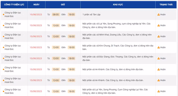 lịch cắt điện