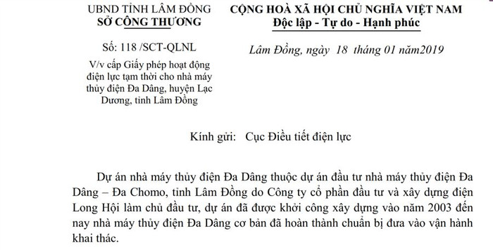 Lâm Đồng xin cấp phép tạm thời cho Dự án thủy điện Đa Dâng