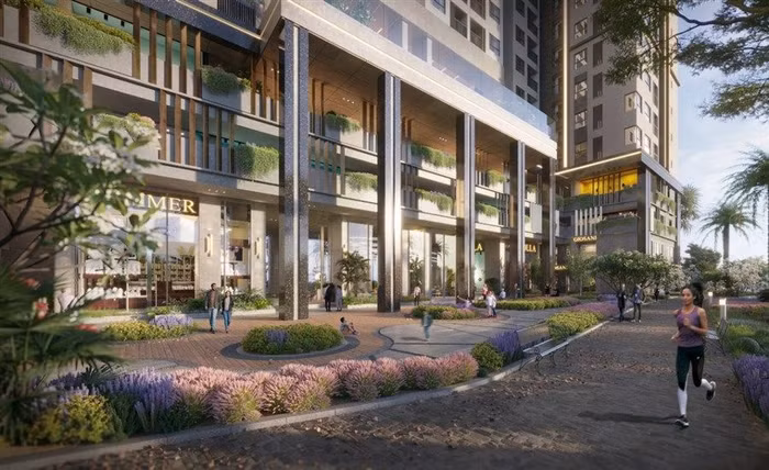 Không gian nội khu dự án C-River View được điểm tô bởi sắc màu của hoa lá tự nhiên.