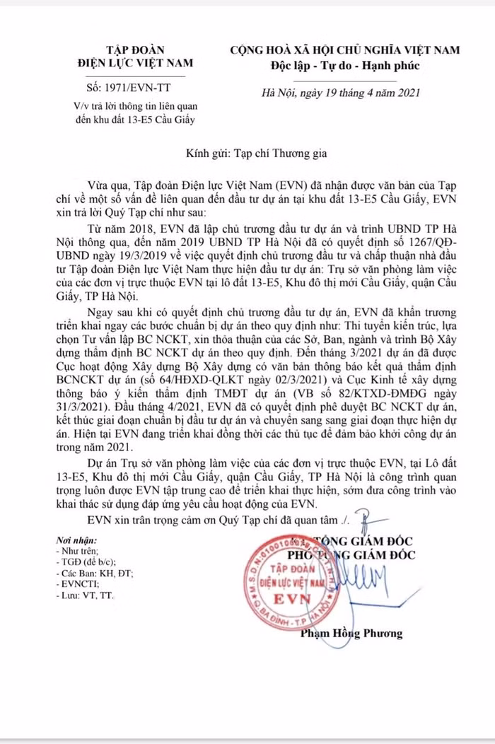 Tập đoàn Điện lực Việt Nam khẳng định sẽ khởi công xây dựng dự án trong năm 2021