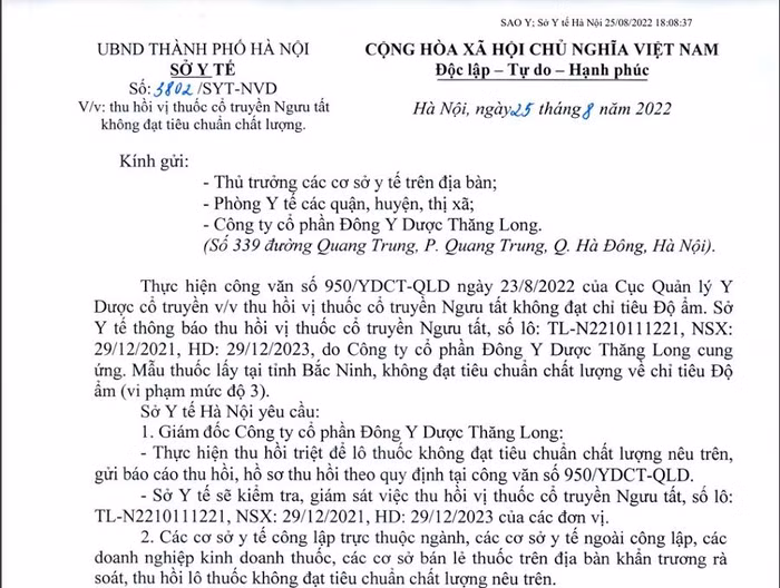 Hà Nội: thu hồi triệt để vị thuốc cổ truyền Ngưu tất do không đạt chất lượng