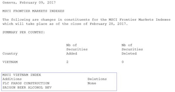 Bổ sung 2 cổ phiếu Việt Nam vào rổ MSCI Frontier Markets Index ảnh 1