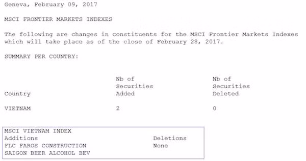 Bổ sung 2 cổ phiếu Việt Nam vào rổ MSCI Frontier Markets Index ảnh 1 Bổ sung 2 cổ phiếu Việt Nam vào rổ MSCI Frontier Markets Index ảnh 1