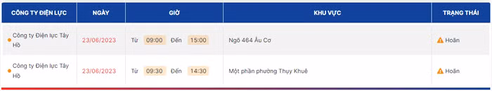 lịch cắt điện