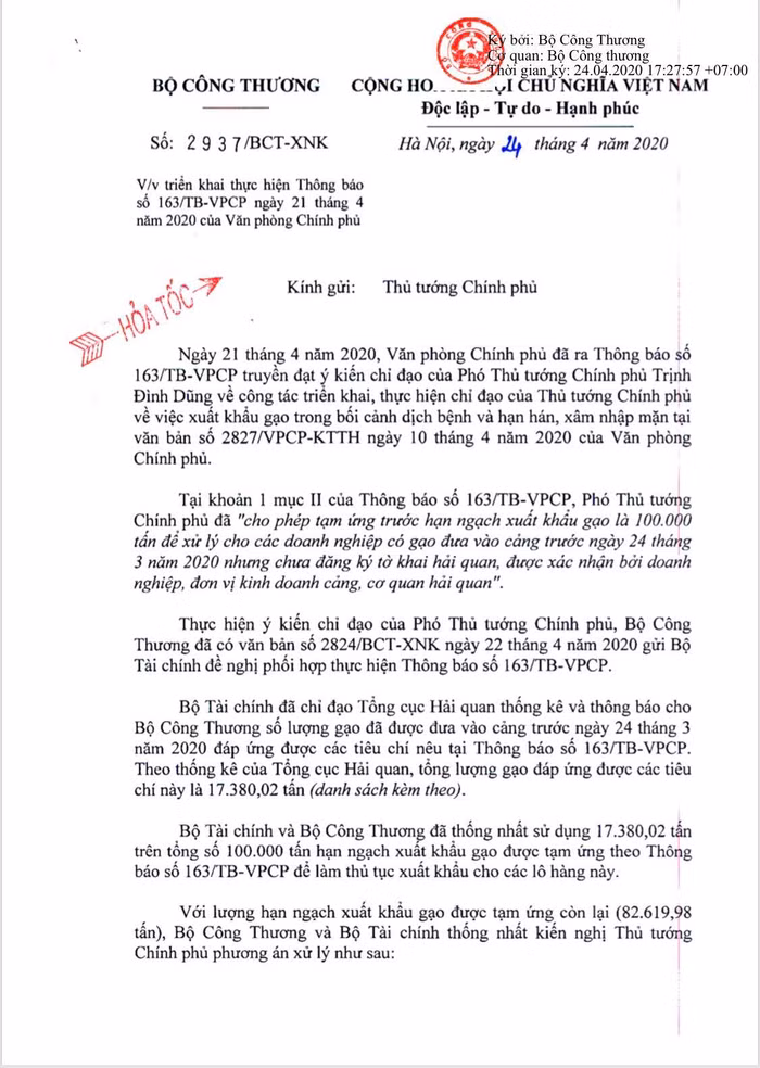Công văn 2937 của Bộ Công thương kiến nghị Thủ tướng cho phép xuất khẩu gạo tồn đọng tại cảng từ ngày 24/03 đến ngày 21/04/2020