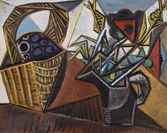 Bức tranh "Nature morte au panier de fruits et aux fleurs".