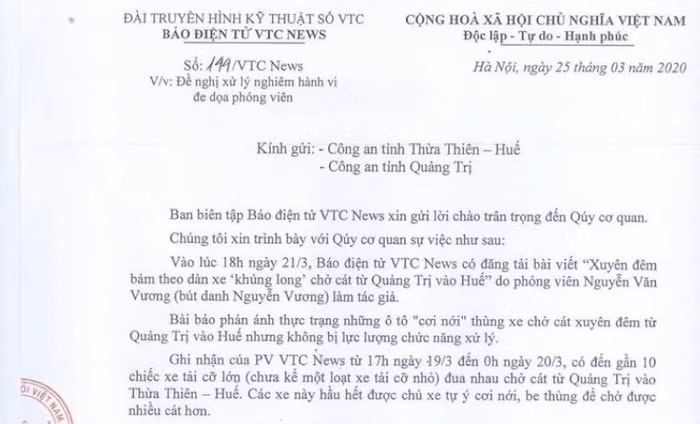 Công văn VTC News gửi Công an Quảng Trị và Thừa Thiên Huế đề nghị xử lý nghiêm đối tượng đe dọa phóng viên