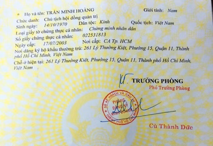 Ông Trần Minh Hoàng, Chủ tịch HĐQT là người đại diện pháp luật của Công ty Vinaland theo Giấy chứng nhận đăng ký doanh doanh do Sở Kế hoạch &amp; Đầu tư TP.HCM cấp ngày 17/7/2019