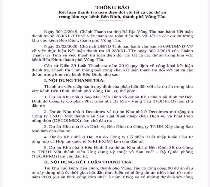 Kết luận của Thanh tra tỉnh Bà Rịa - Vũng Tàu chỉ ra hàng loạt sai phạm của 8 dự án tại khu vực kênh Bến Đình, TP.Vũng Tàu