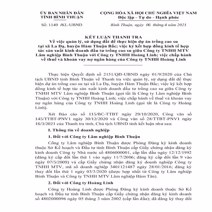 UBND tỉnh Bình Thuận vừa chỉ ra nhiều sai phạm trong quản lý và sử dụng đất đai của Công ty Lâm nghiệp Bình Thuận và vi phạm về thuế của Công ty Hoàng Linh