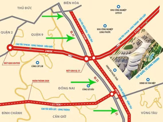 Đường cao tốc Biên Hòa - Vũng Tàu có hướng tuyến cắt ngang đường cao tốc TP.HCM - Long Thành - Dầu Giây và đường cao tốc Bến Lức - Long Thành