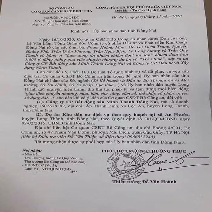 Bộ Công an đề nghị giữ nguyên hiện trạng tài sản, thủ tục pháp lý và mọi biến động đối với Công ty CP BĐS Minh Thành Đồng Nai