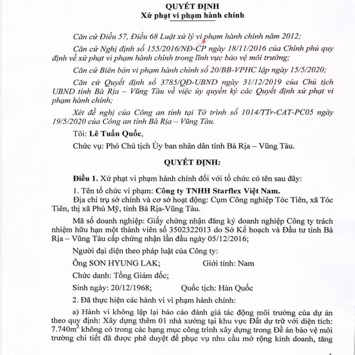 Quyết định xử phạt Công ty TNHH StarAex Việt Nam của UBND tỉnh Bà Rịa - Vũng Tàu