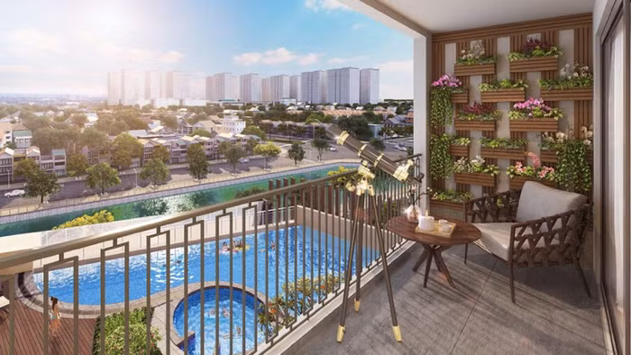 Dưới làn nước xanh mát cùng ánh nắng chan hòa, phóng tầm nhìn hướng ra phố mang đến giá trị sống thăng hoa cho chủ nhân tại Hinode City