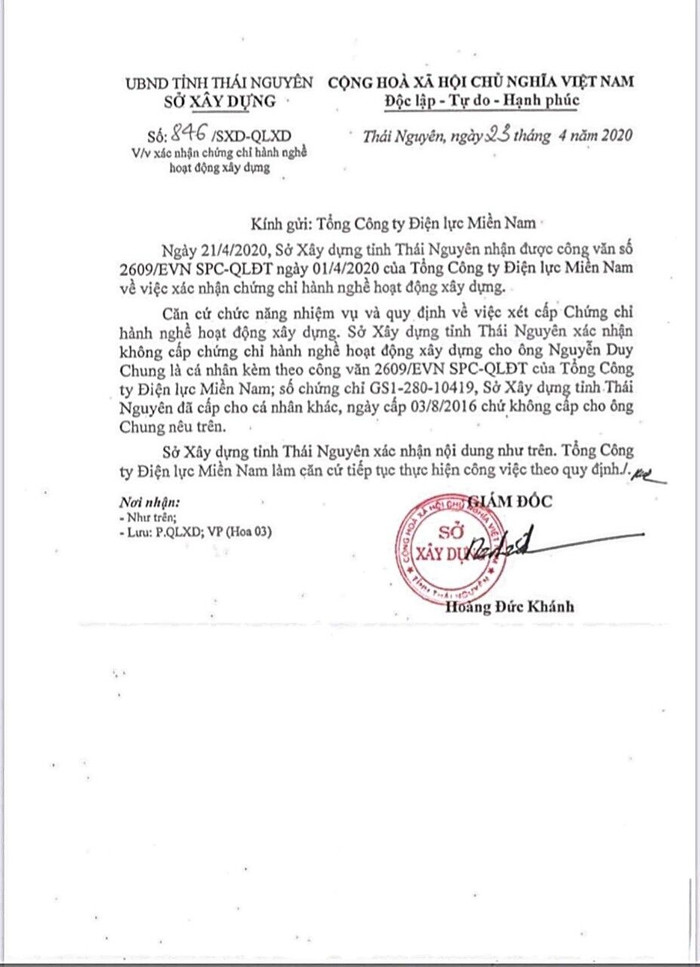 Sở Xây dựng Thái Nguyên: Không cấp chứng chỉ hành nghề hoạt động xây dựng cho ông Nguyễn Duy Chung Sở Xây dựng Thái Nguyên: Không cấp chứng chỉ hành nghề hoạt động xây dựng cho ông Nguyễn Duy Chung