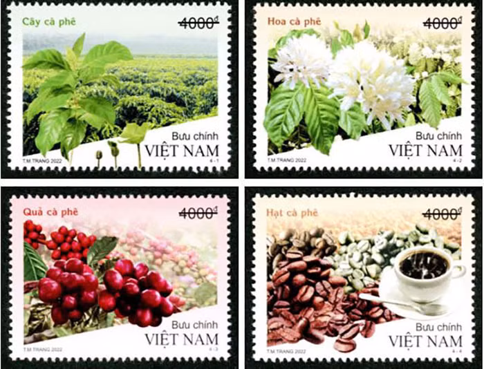 Bộ tem “Cây cà phê” đặc tả quá trình sinh trưởng của loại cây nhiệt đới này từ hạt mầm cho đến ly cà phê nóng hổi