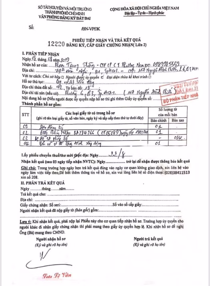 Biên nhận của Sở Tài Nguyên Và Môi Trường TP.HCM