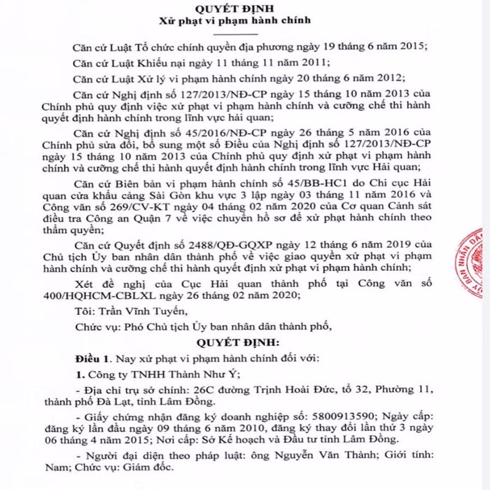 Quyết định xử phạt Công ty TNHH Thành Như Ý của UBND TP.HCM