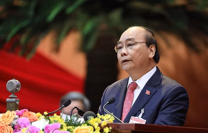 Ủy viên Bộ Chính trị, Thủ tướng Chính phủ Nguyễn Xuân Phúc thay mặt Đoàn Chủ tịch đọc Diễn văn khai mạc Đại hội. (Ảnh: TTXVN)
