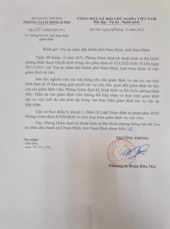 Văn bản từ chối giám định của Phòng Giám định kỹ thuật Hình sự - Bộ Quốc phòng