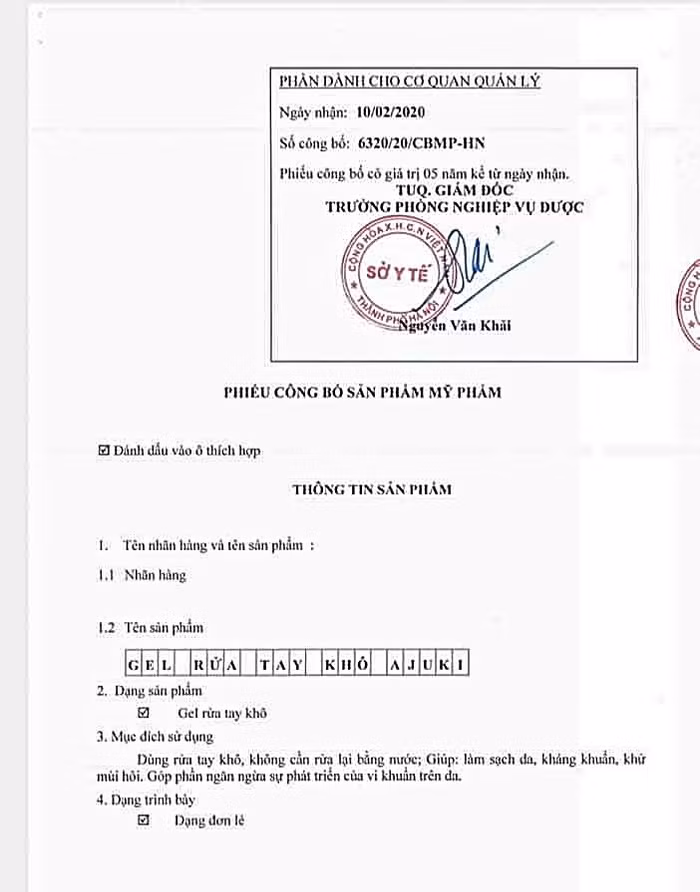 Phiếu công bố sản phẩm của 1 mỹ phẩm nước rửa tay khô