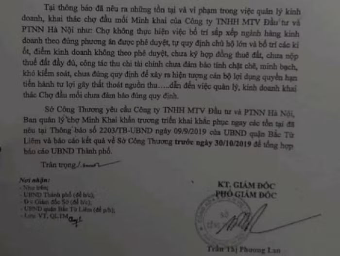 Văn bản của Sở Công Thương Hà Nội yêu cầu Hadico nộp thuế và khắc phục tồn tại tại chợ Minh Khai