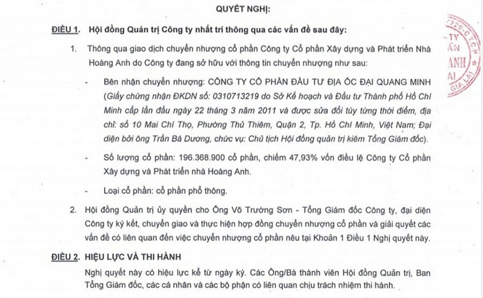 Đại Quang Minh "thâu tóm" gần một nửa cổ phần Công ty Nhà Hoàng Anh của Bầu Đức