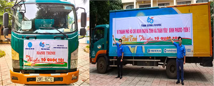 Tại chuyến xe thứ 9, hướng về kỷ niệm 65 năm Ngày truyền thống Hội LHTN Việt Nam, PBT Tỉnh Đoàn - Chủ tịch Hội LHTN Việt Nam tỉnh Trần Hoàng Trực (phải) gửi lời chúc của tuổi trẻ Bình Phước và kiều bào ở Úc đến TP Hồ Chí Minh