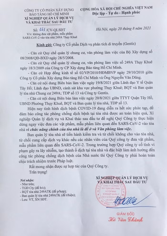 Công ty GENTIS phải dừng đưa vật phẩm, mẫu phẩm SARS-CoV-2 vào tòa nhà 249A Thụy Khuê ảnh 1