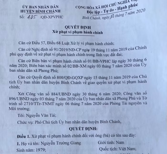 Quyết định xử phạt vi phạm hành chính đối với ông Nguyễn Trường Giang của UBND huyện Bình Chánh