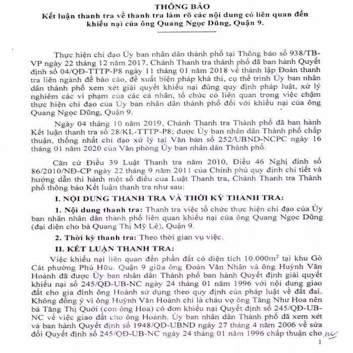 Kết luận của Thanh tra TP.HCM đã chỉ ra nhiều sai phạm trong việc thu hồi và giao đất của UBND Q.9