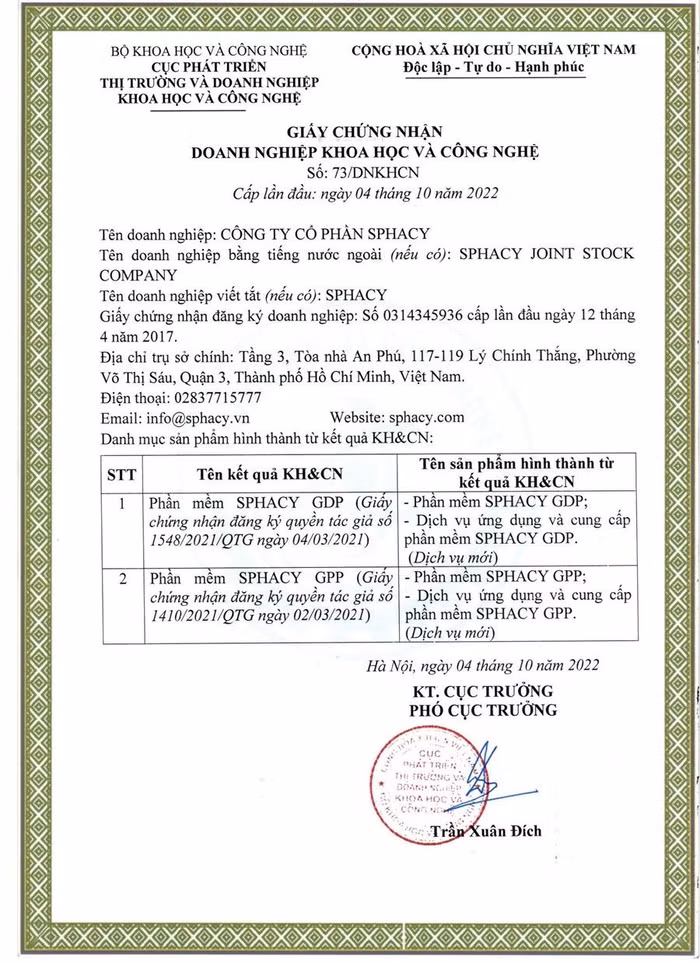 Giấy Chứng nhận Doanh nghiệp Khoa học và Công nghệ của Công ty Sphacy