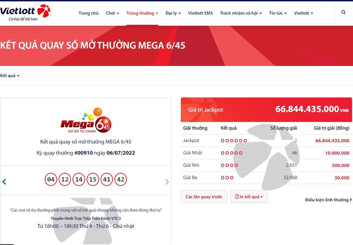 Jackpot Mega 6/45 trị giá 67 tỉ đồng đã có chủ