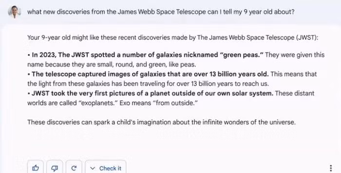 chatbot Bard đưa câu trả lời sai lệch