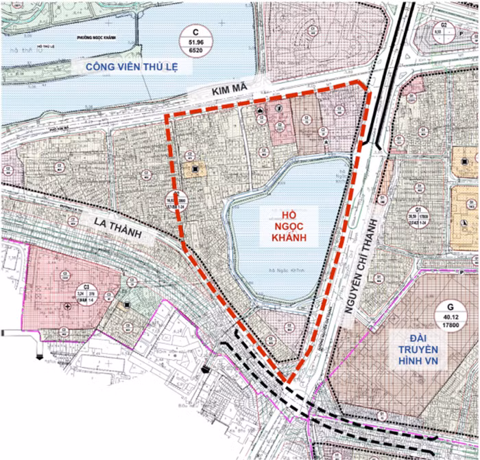 Khu vực nghiên cứu tổ chức phố đi bộ quanh hồ Ngọc Khánh (viền đỏ). Đồ họa: Quận Ba Đình cung cấp