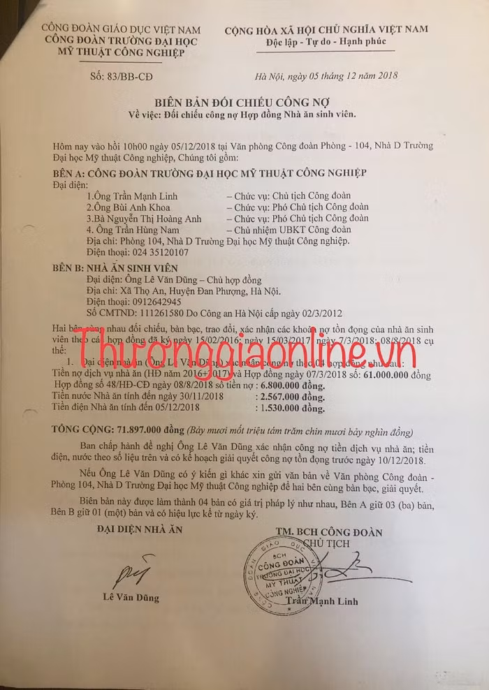 Biên bản thể hiện việc ông Lê Văn Dũng còn nợ số tiền hơn 71 triệu đồng