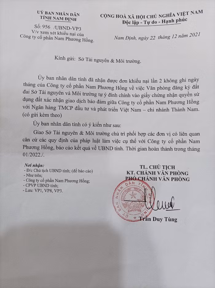 Công văn của UBND tỉnh Nam Định