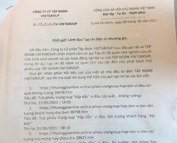 Phản hồi doanh nghiệp: Những câu hỏi về trái phiếu Vsetgroup?