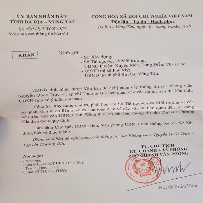 Văn bản chỉ đạo cung cấp thông tin báo chí của UBND tỉnh Bà Rịa - Vũng Tàu