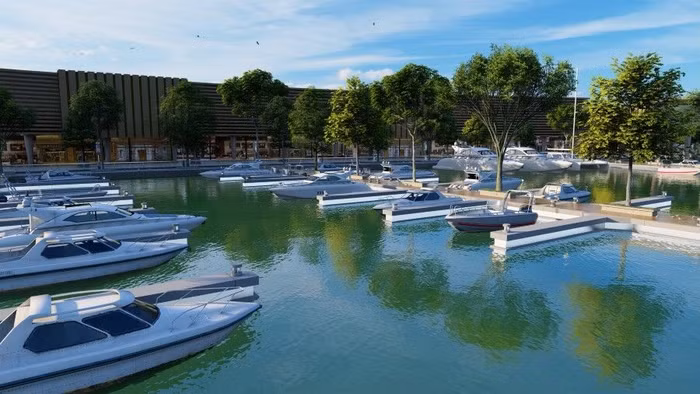 Phối cảnh bến du thuyền và không gian ven sông tại Aqua City