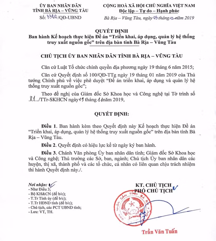 Quyết định thực hiện đề án “Triển khai, áp dụng, quản lý hệ thống truy xuất nguồn gốc”