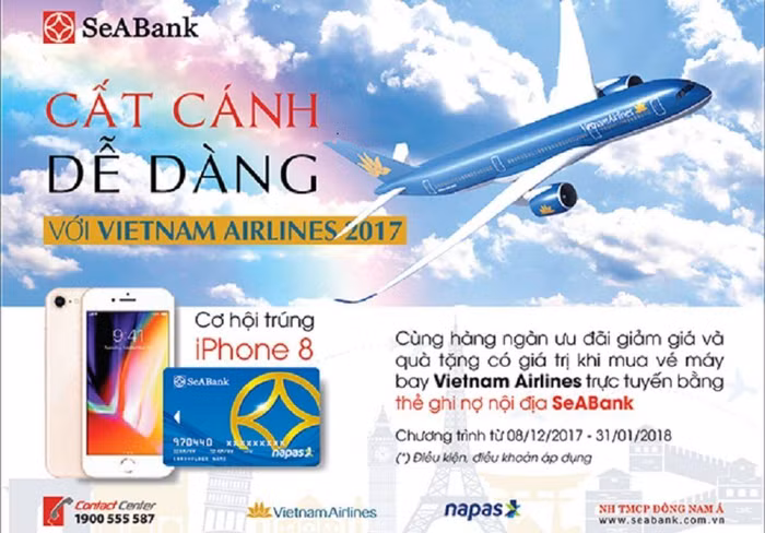 Giảm 15% giá vé máy bay và tặng Iphone 8 cho chủ thẻ SeABank